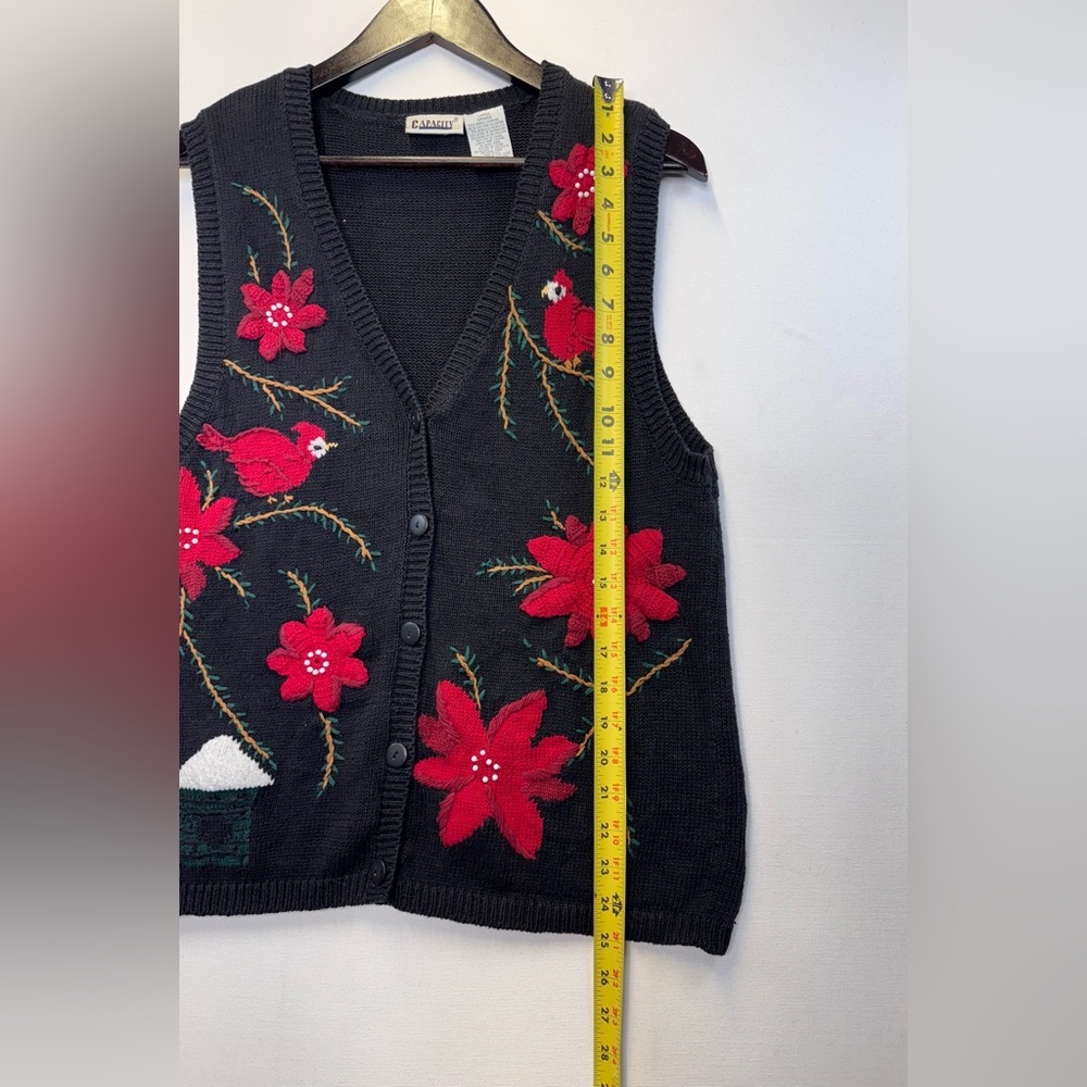 Capacity Vintage 90s Holiday sweater vest Cardinals poinsettia size Large black - Picture 5 of 7